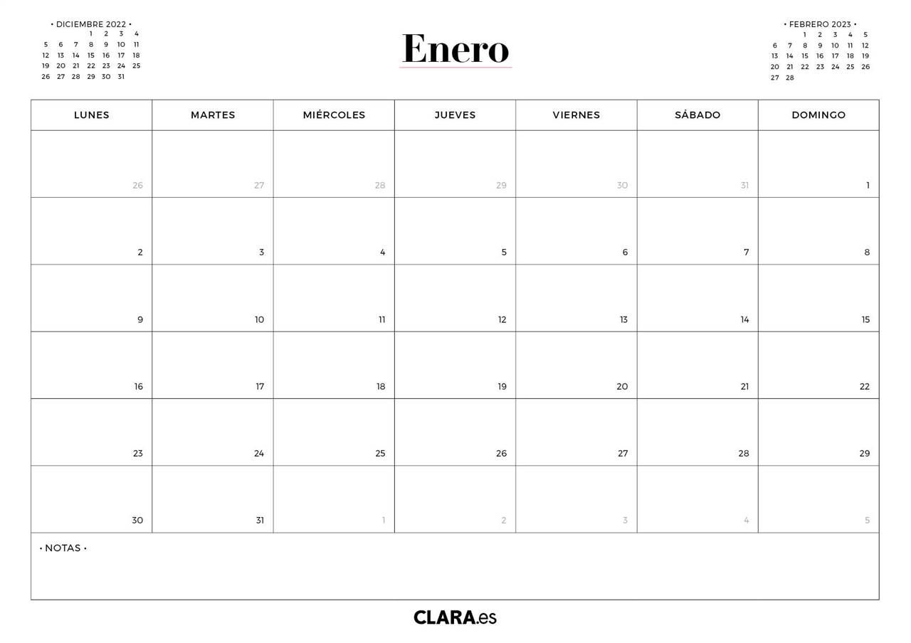 Calendario enero para imprimir en jpg y pdf gratis