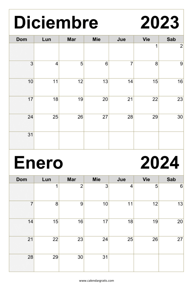 Calendario diciembre y enero para imprimir