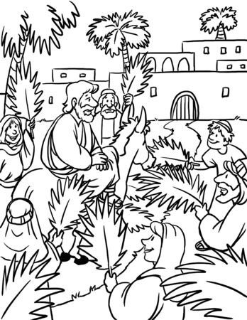 Coloring page of jesus riding donkey stock photo picture and royalty free image image