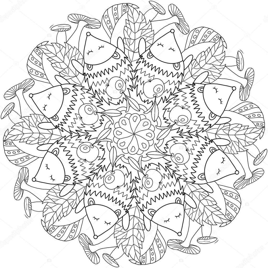 Mandala libro para colorear para niãos adultos erizo manzana otoão ilustraciãn de stock por alivio