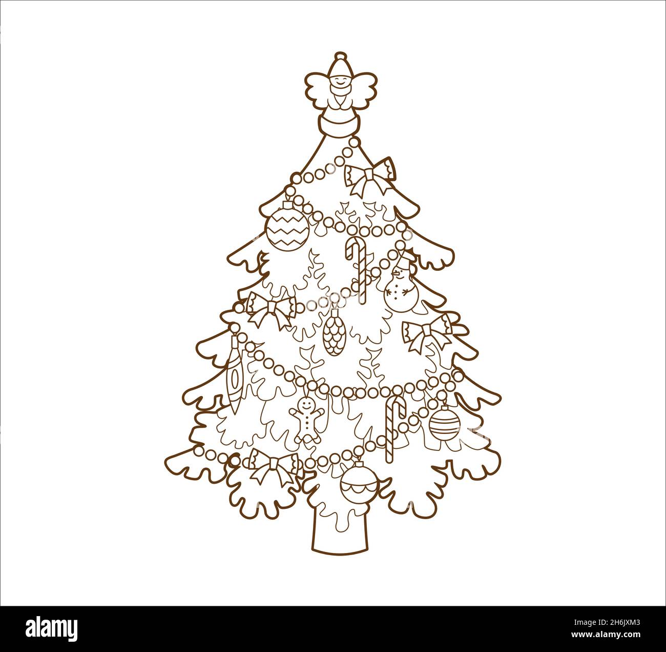Libro para colorear ãrbol navideão decorado con una figura de ãngel en la parte superior dulc y bolas de navidad vector ilustraciãn en tilo de dibujos animados imagen vector de stock