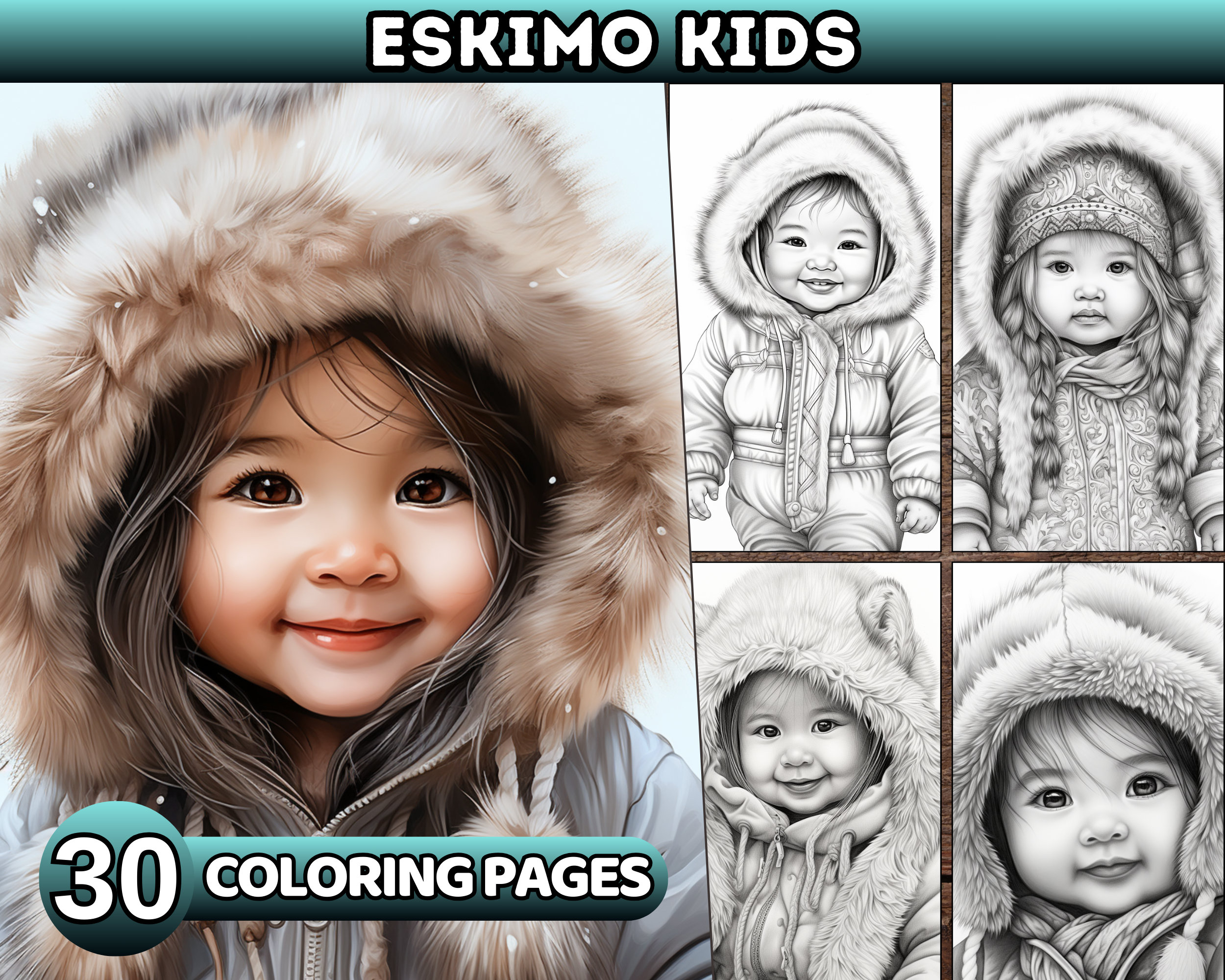 Baby eskimo coloring pages for adults inuit girl grayscale coloring book digital winter coloring sheets printable pdf