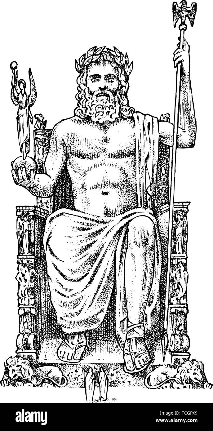 Seven wonders of the ancient world statue of zeus at olympia the great construction of the greeks hand drawn engraved vintage sketch stock vector image art