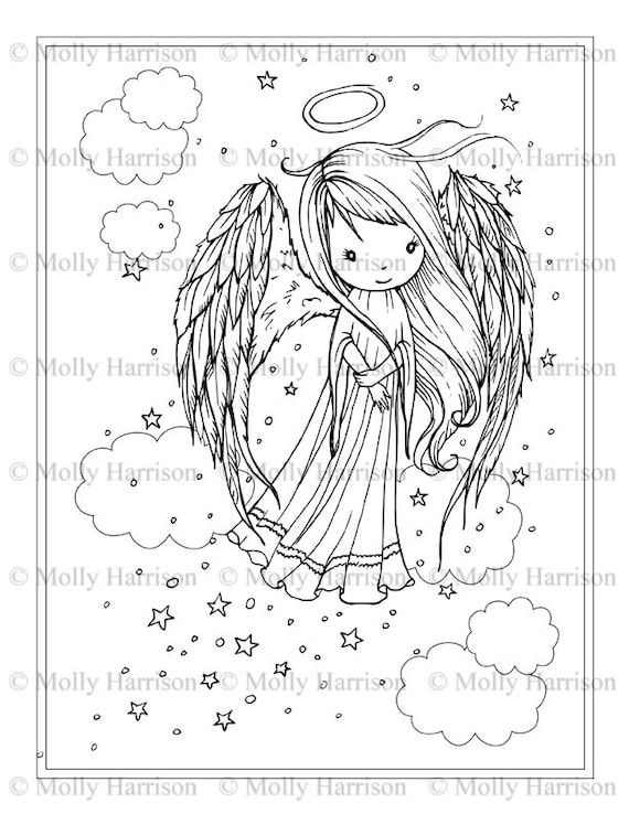 Angelito en las nubes y estrellas para colorear pãgina imprimir instantãnea descargar descargables todas las edades chrismas