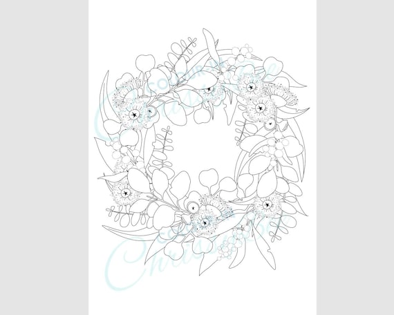 Christmas wreath coloring pages australian wildflower colouring page for adults eucalyptus leaves blossom printable instant download download now