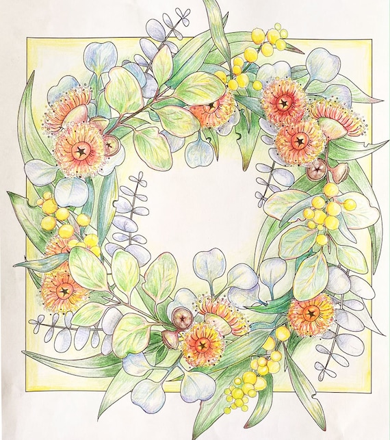 Christmas wreath coloring pages australian wildflower colouring page for adults eucalyptus leaves blossom printable instant download download now