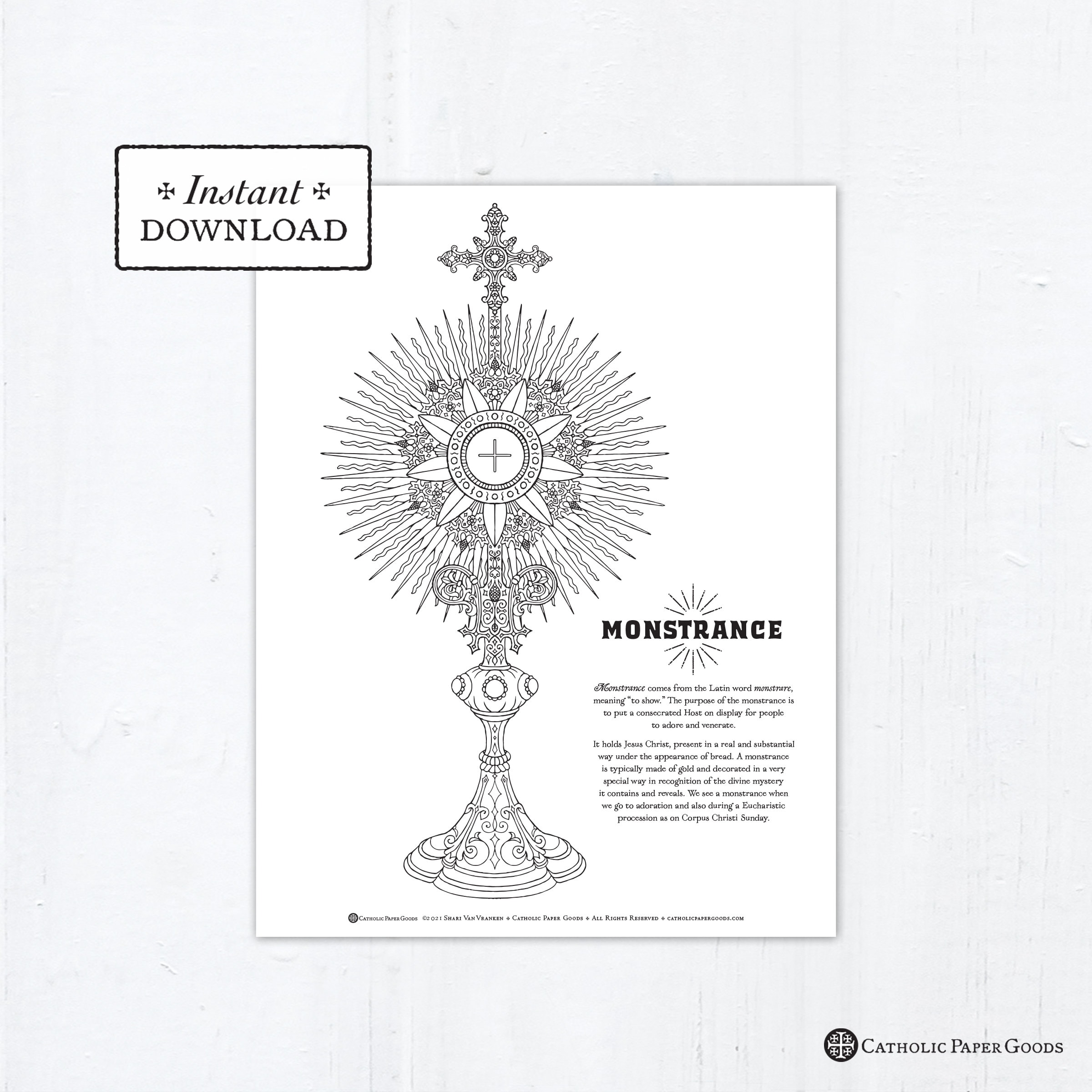 Monstrance catholic coloring page corpus christi eucharist printable coloring page digital pdf adoration sacred host coloring page