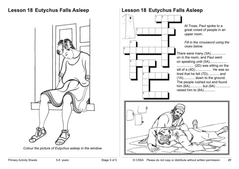 Eutychus falls asleep cssa primary stage lesson â magnify him together