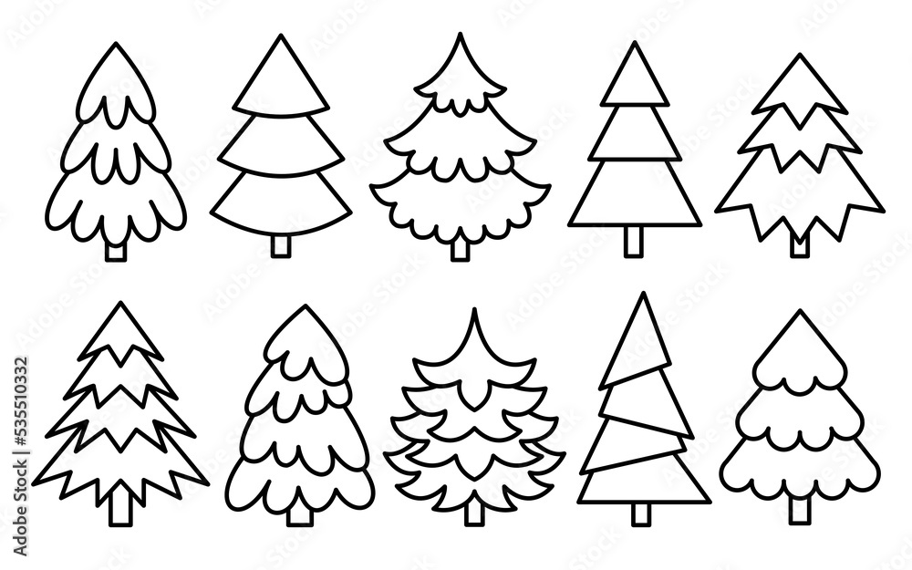 Christmas tree black outline set coloring book page evergreen coniferous forest sketch pine doodle spruce linear fir icon isolated on white cartoon xmas symbol winter holiday line decoration vector