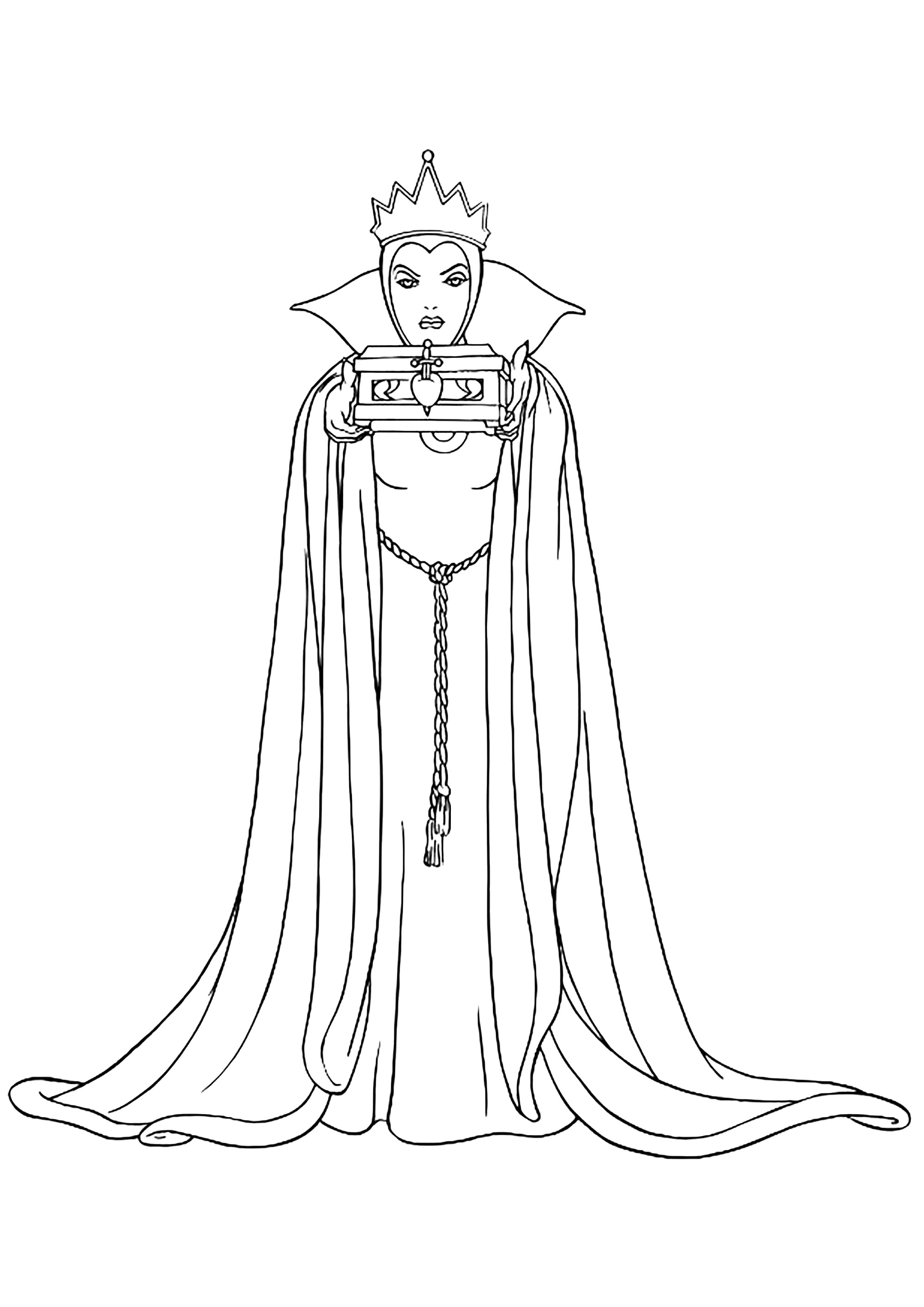 Snow whites evil queen with the chest that was supposed to contain snow whites heart
