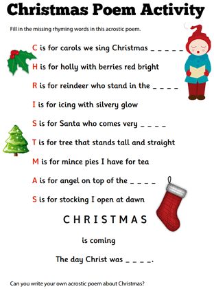 Christmas louring pictures and puzzles christmas poems acrostic poem for kids rhyming words