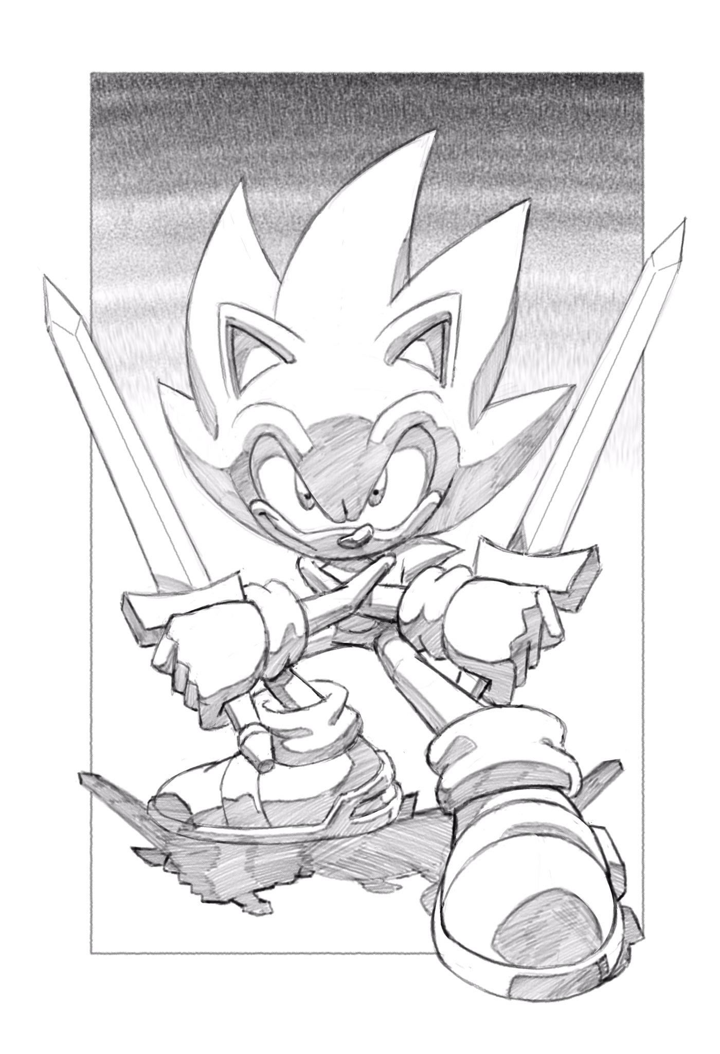 Tracy yardleys drawing of sonic wielding double swords rsonicthehedgehog
