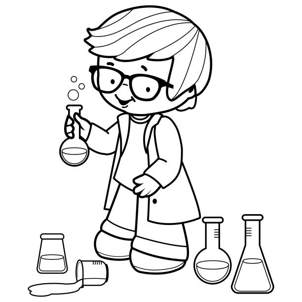 Boy making science experiments black and white coloring book page stock illustration