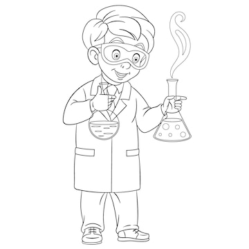 Premium vector cute scientist making chemical experiment people professions cartoon coloring book page for kids