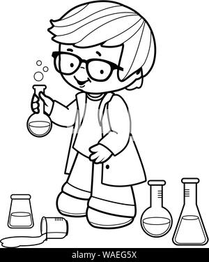 Boy making science experiments black and white coloring book page stock vector image art