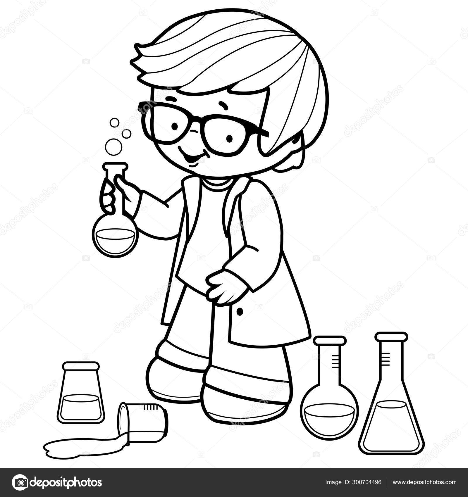 Boy making science experiments vector black and white coloring page stock vector by stockakia