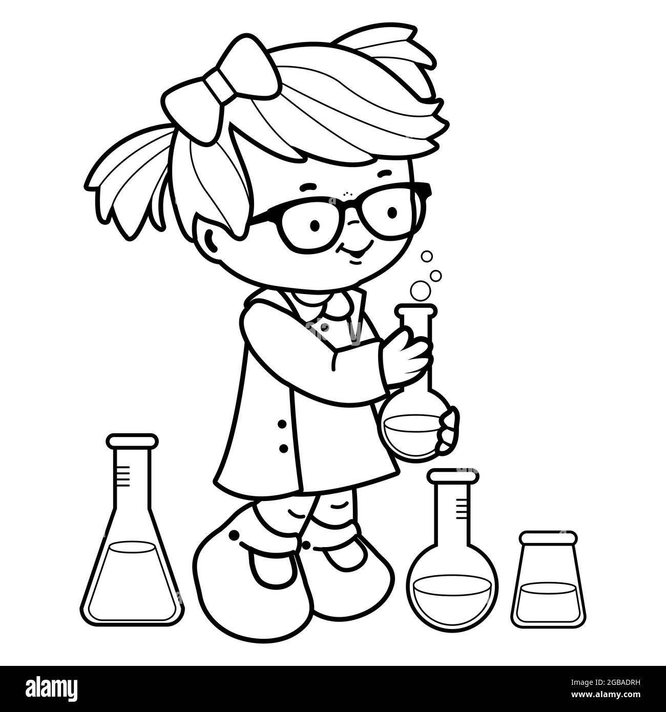 Girl making science experiments black and white coloring book page stock photo