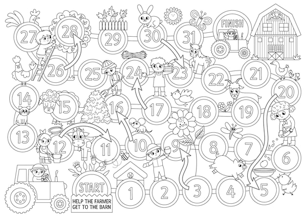 Premium vector farm black and white board game for children with cute animals and kids farmers outline countryside boardgame with tractor animals rural country coloring page help the farmer get to