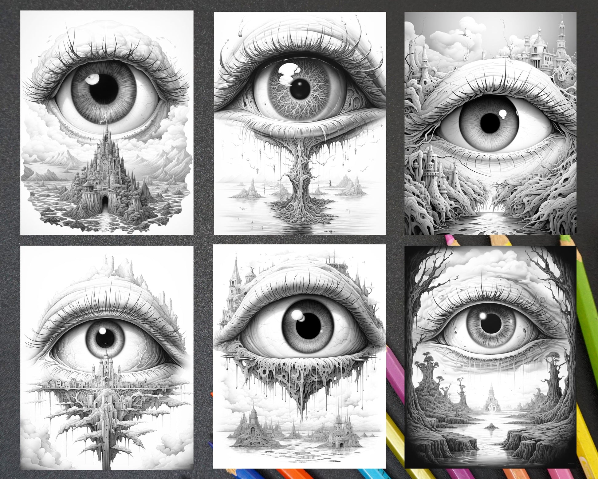 Surrealism eyes grayscale coloring pages printable for adults pdf â coloring