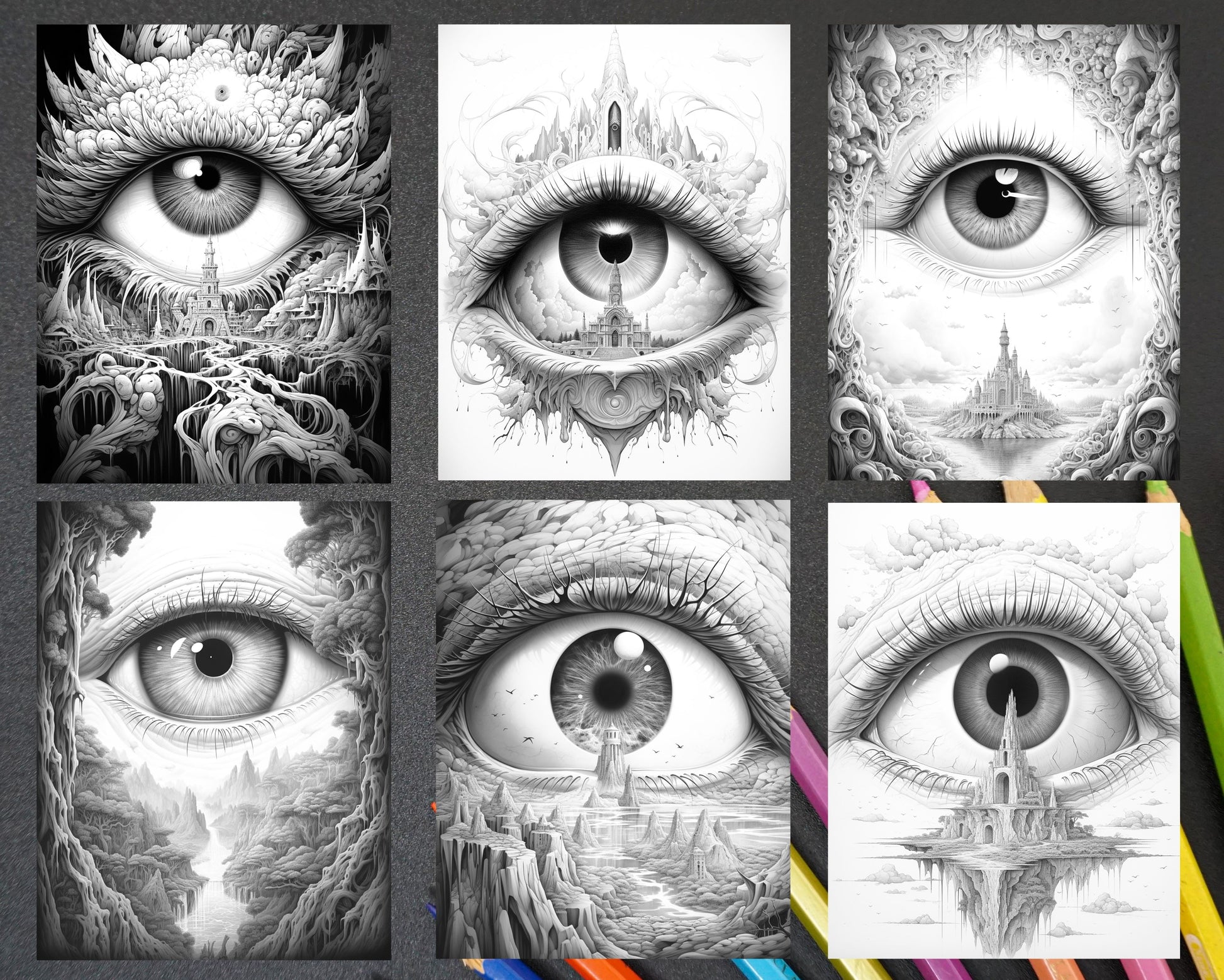 Surrealism eyes grayscale coloring pages printable for adults pdf â coloring