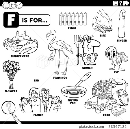 Letter f words educational set coloring book page