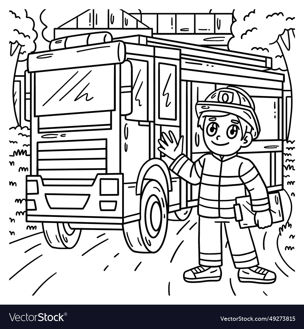 Firefighter and fire truck coloring page for kids vector image