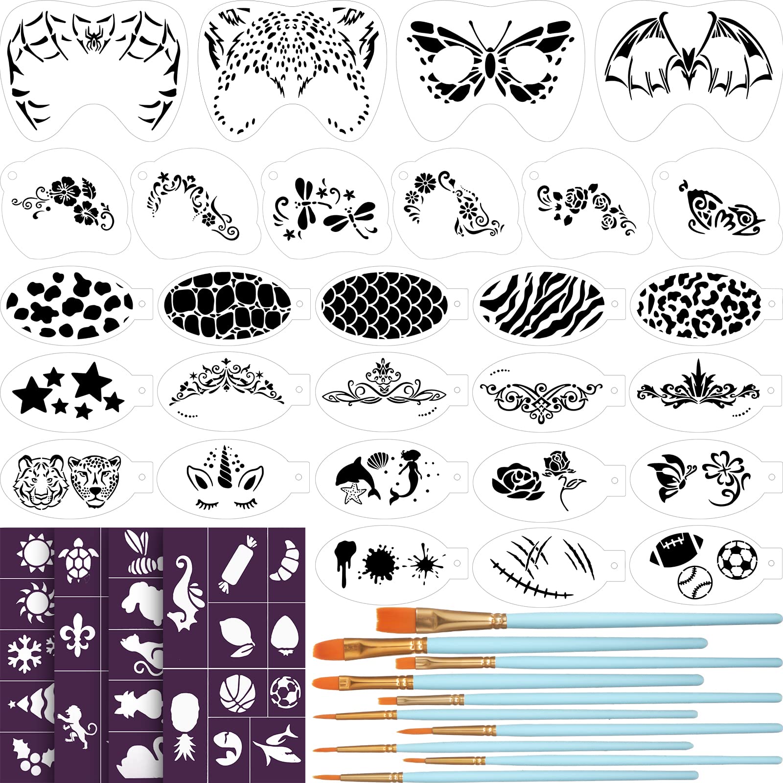 Pcs face paint stencils kits includes reusable facial painting stencils with stickers painting brushes plastic tattoo painting templates for kids halloween party makeup fresh style beauty