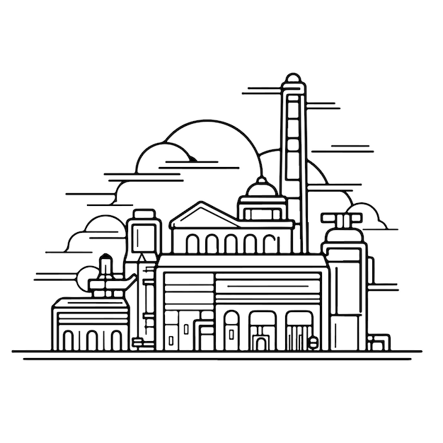 Premium vector sketch hand drawn single line art coloring page factory day