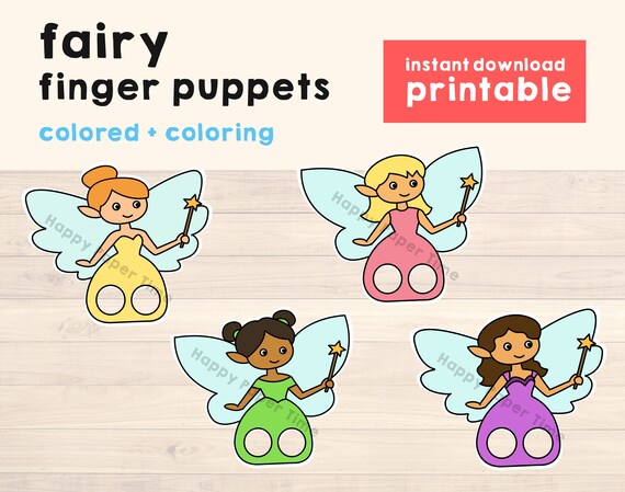 Fairy puppet paper craft printable finger puppet kids craft fairy birthday party favor magical coloring paper print out instant download