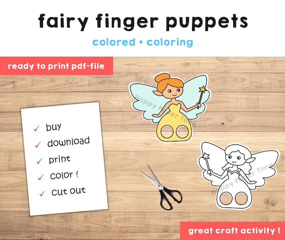 Fairy puppet paper craft printable finger puppet kids craft fairy birthday party favor magical coloring paper print out instant download