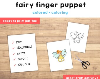 Fairy paper craft printable finger puppet template kids craft activity magical birthday party coloring paper print out instant download