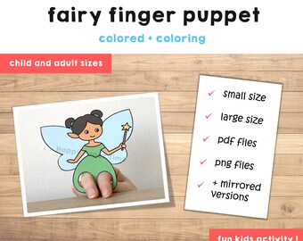 Fairy paper craft printable finger puppet template kids craft activity magical birthday party coloring paper print out instant download