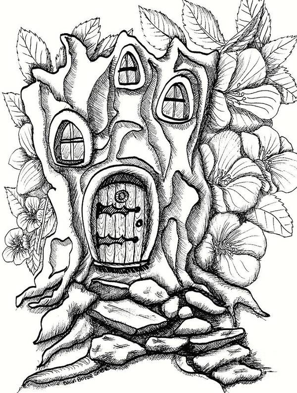 Fairy house stump and hibiscus art print by dawn boyer