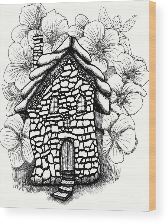 Stone fairy house and hibiscus wood print by dawn boyer