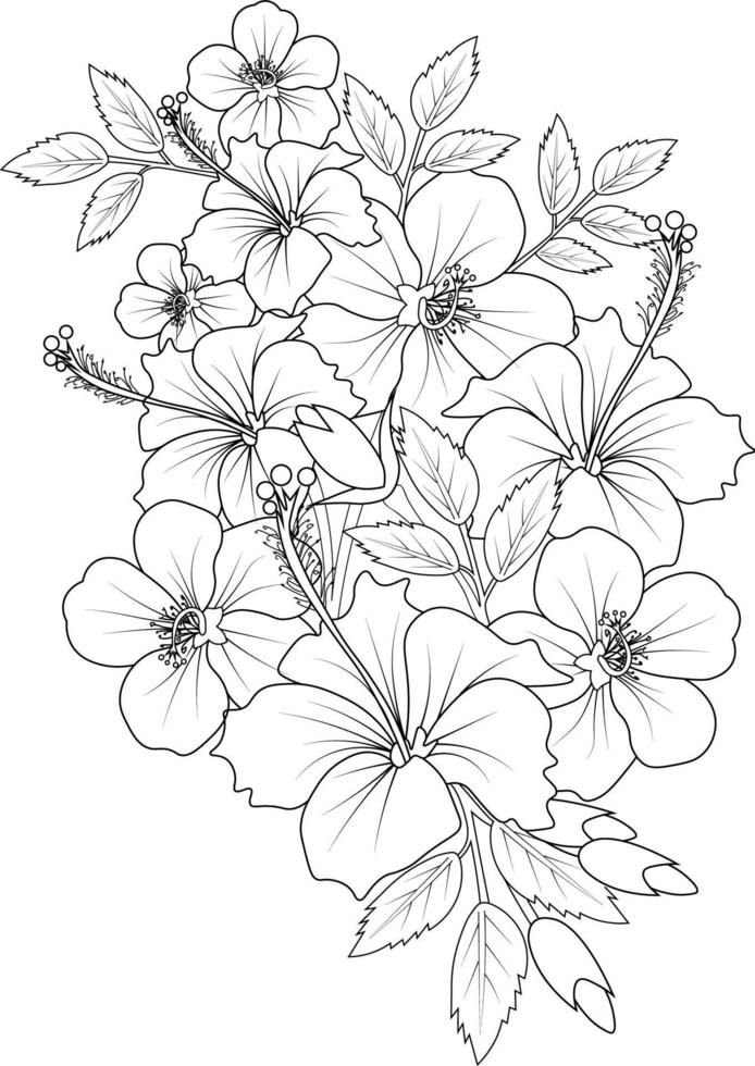 Hibiscus flowers illustration coloring page simplicity embellishment monochrome vector art outline print with blossoms gillyflower leaves and buds isolatâ flower illustration flower coloring pages line art flowers
