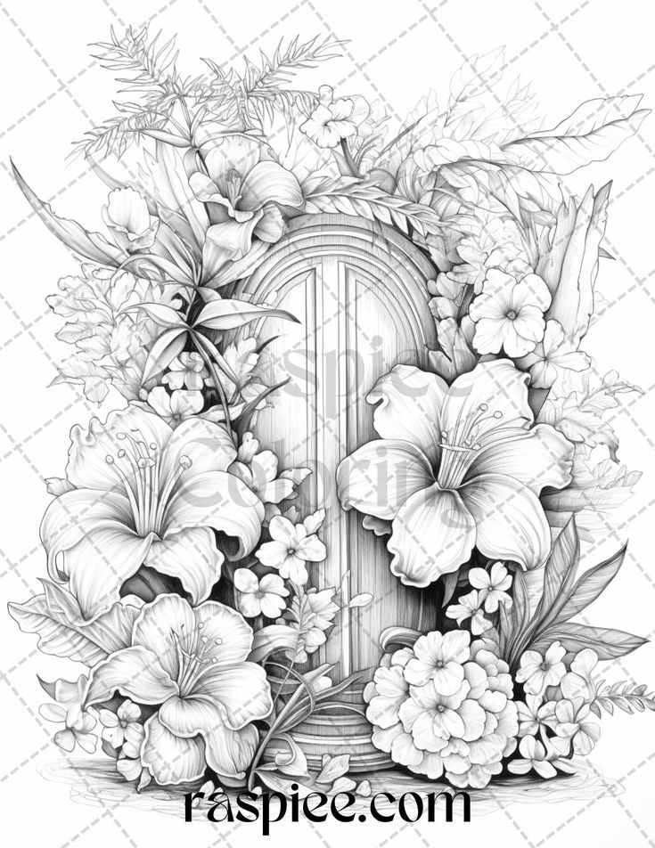 Flower fairy doors grayscale coloring pages printable for adults p grayscale coloring coloring pages disney coloring pages
