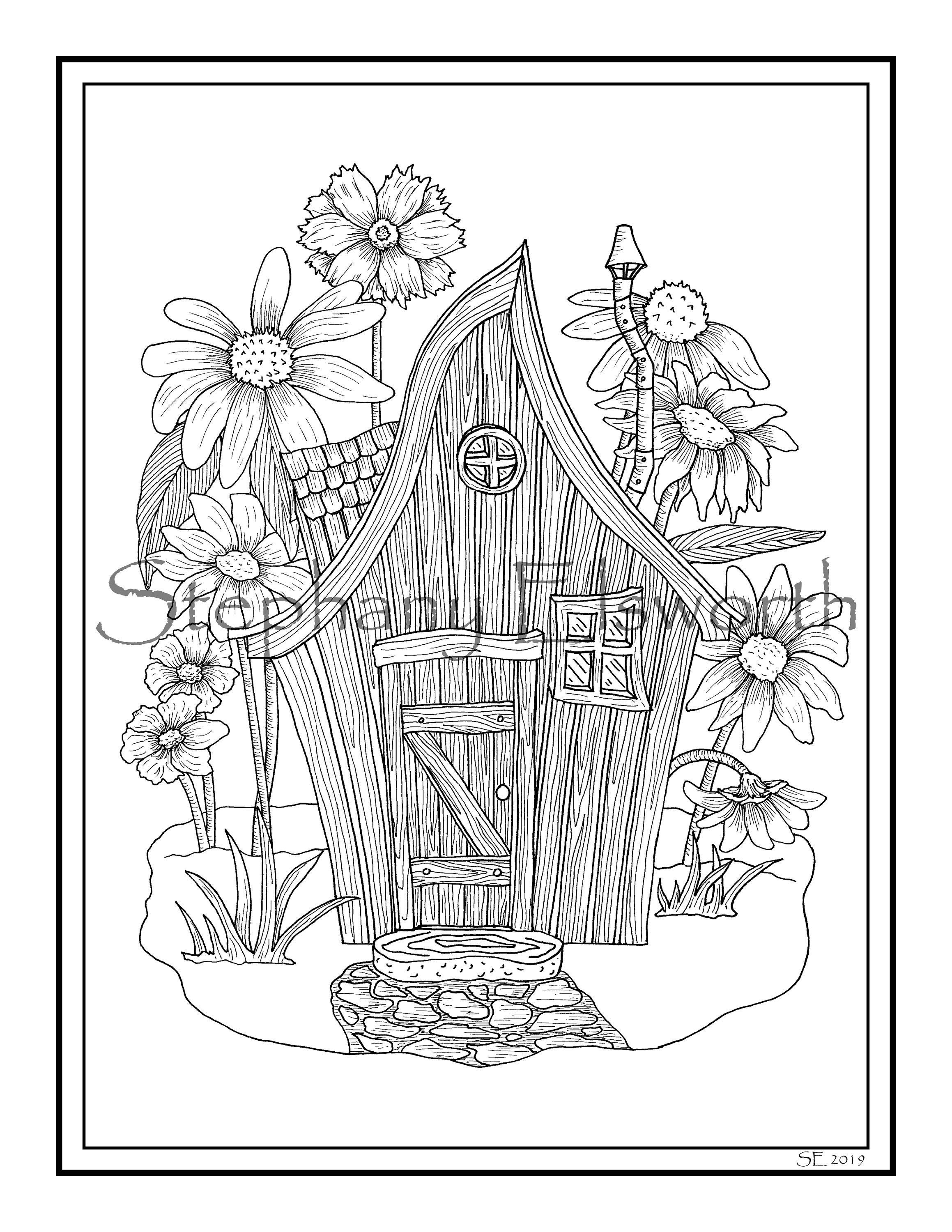 Fairy house with wildflowers jpg printable instant download coloring page
