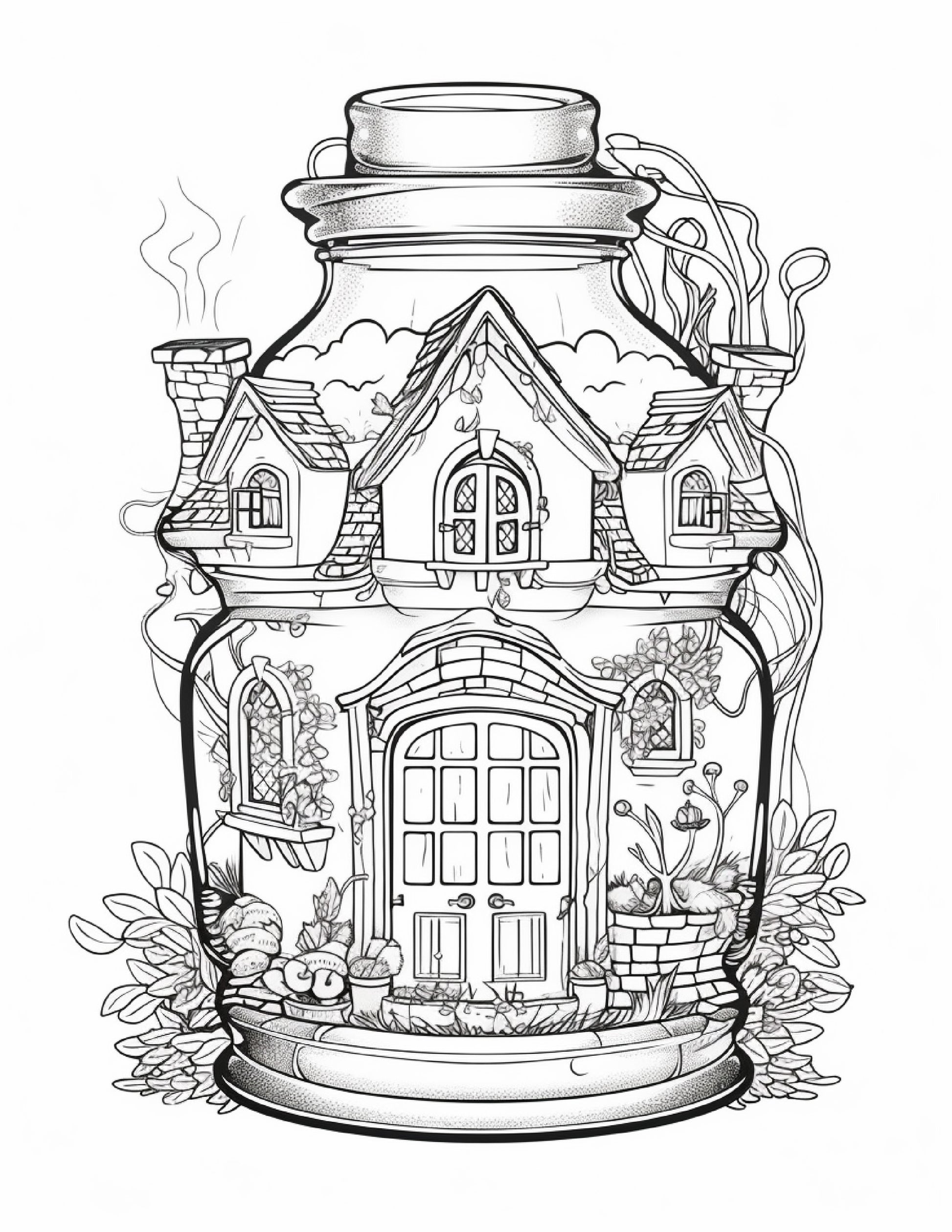 Printable fairy houses in jar coloring pages for adults grayscale â coloring