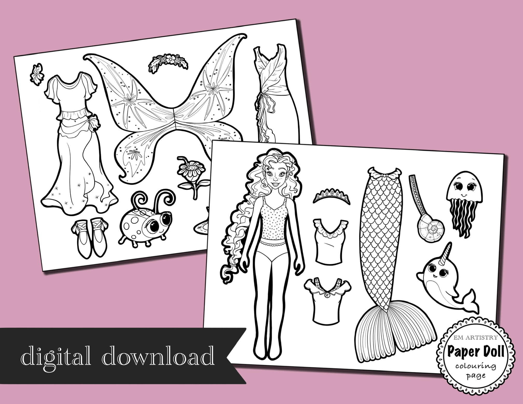 Mermaid paper doll paper dolls printable colouring pages fairy dress mermaid birthday invitation party favors