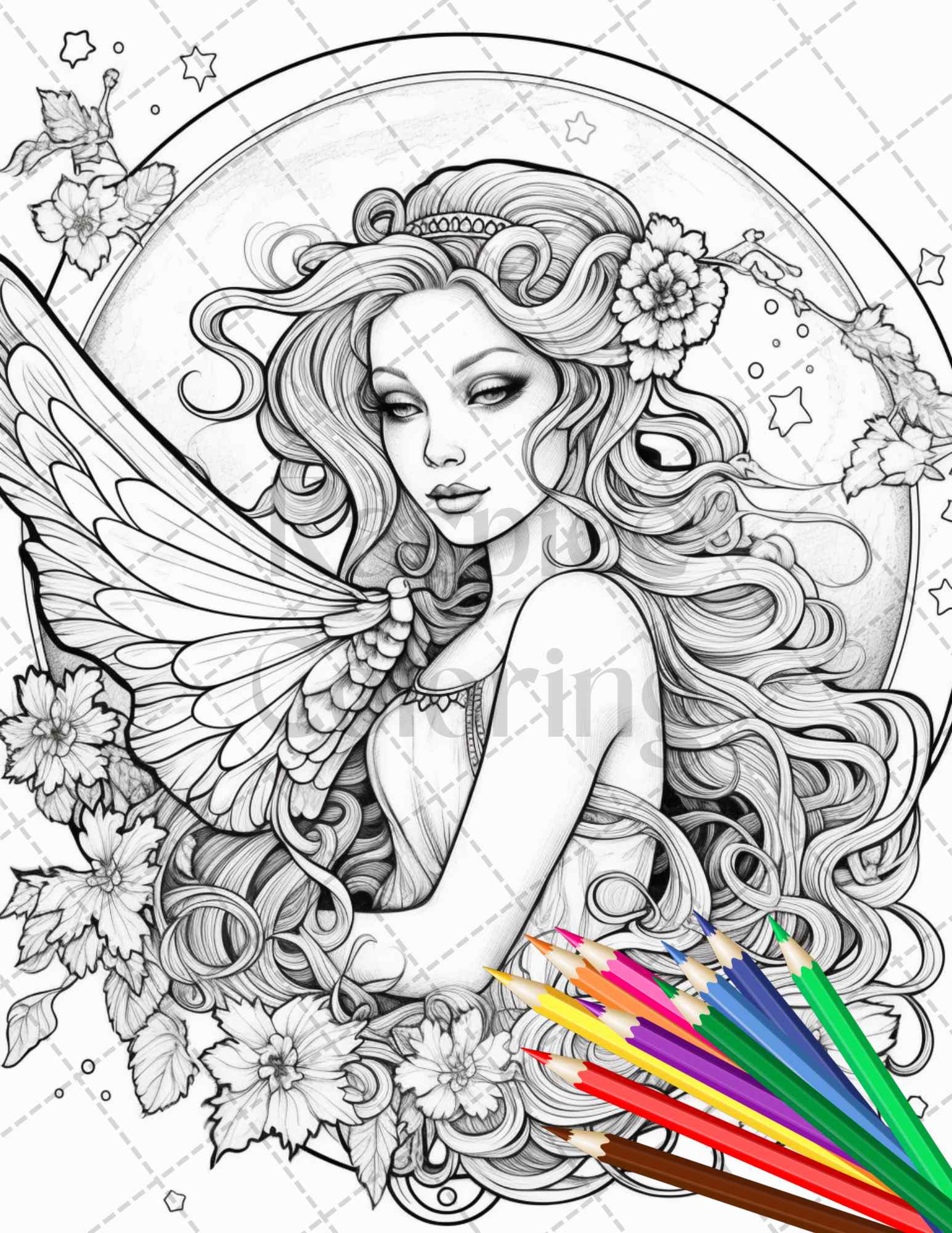 Beautiful moon fairies grayscale coloring pages printable for adult â coloring