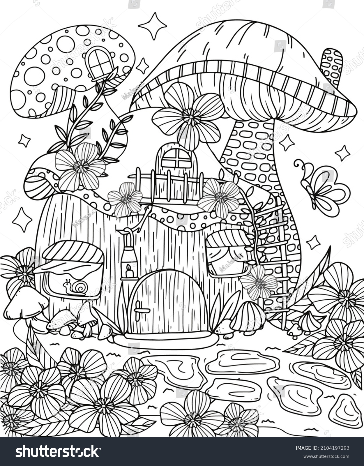 Fairy mushroom house flowers garden coloring stock vector royalty free