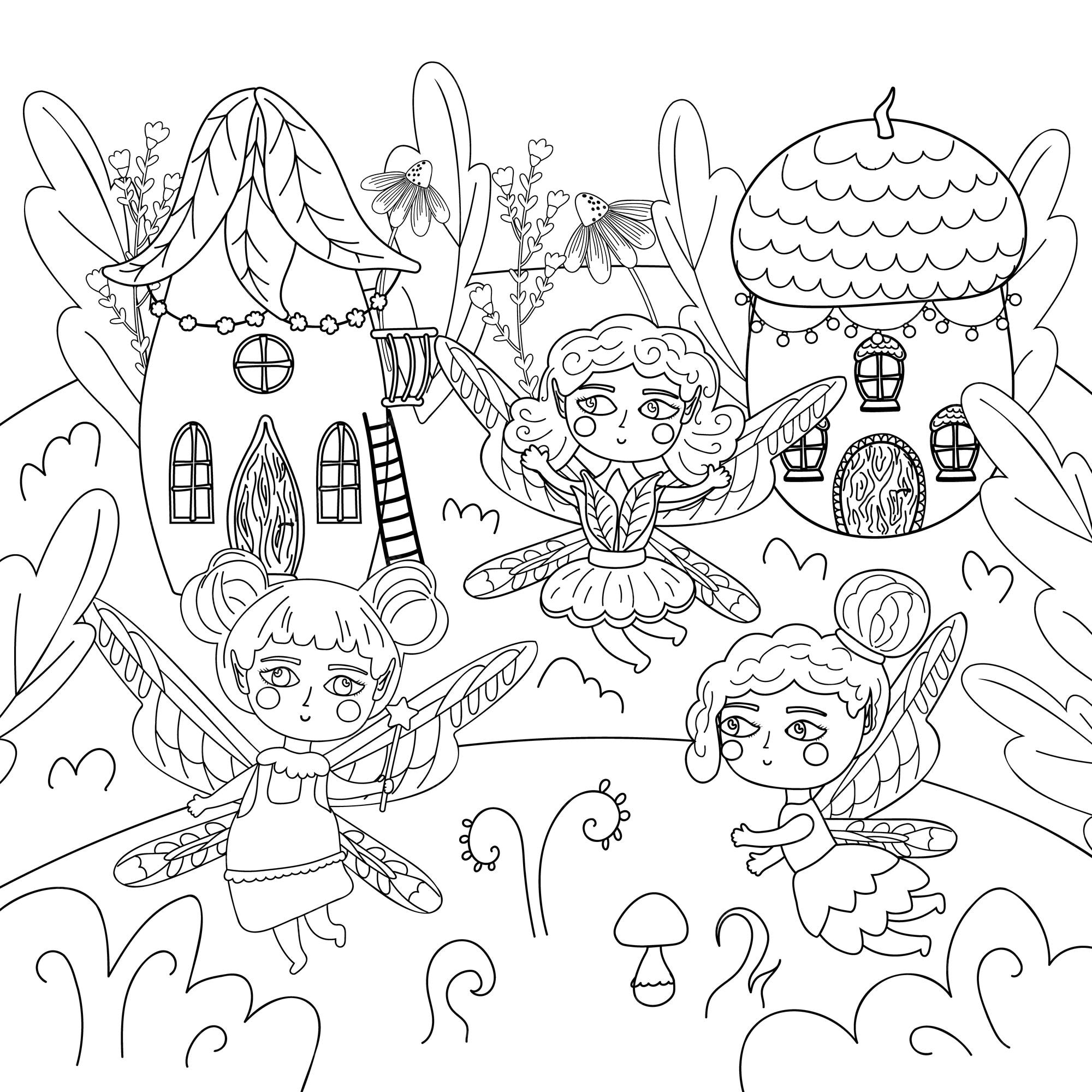 Premium vector illustration coloring page of magical fairies in fairytale village