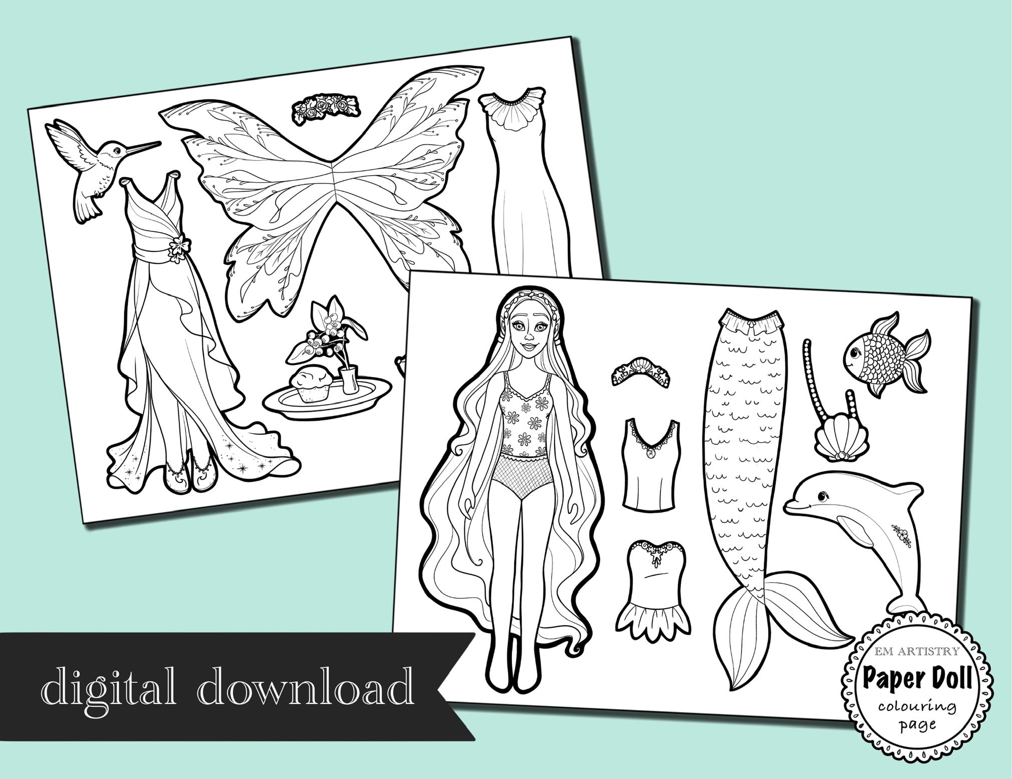 Paper doll digital fairy wings mermaid tail colouring pages for kids party favors for kids coloring pages fairy coloring page download now