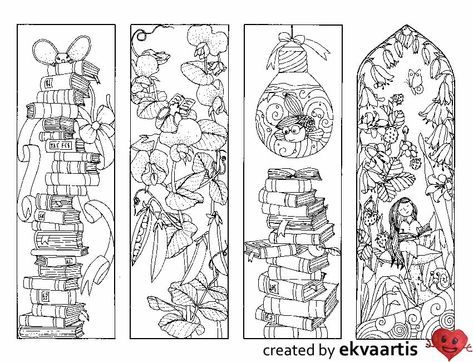 Four bookmarks to color featuring books flowers fish in a bulb and a forest fairy coloring bookmarks coloring pages halloween coloring