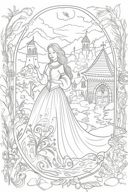 Premium ai image a simple fairytale coloring page low detail no shadding line drawing vintage stylea simple fairytale coloring page low detail no shadding line drawing vintage style