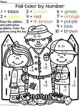 Fallautumn color by number addition subtraction within tpt