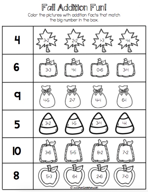 Fall addition facts practice free printables