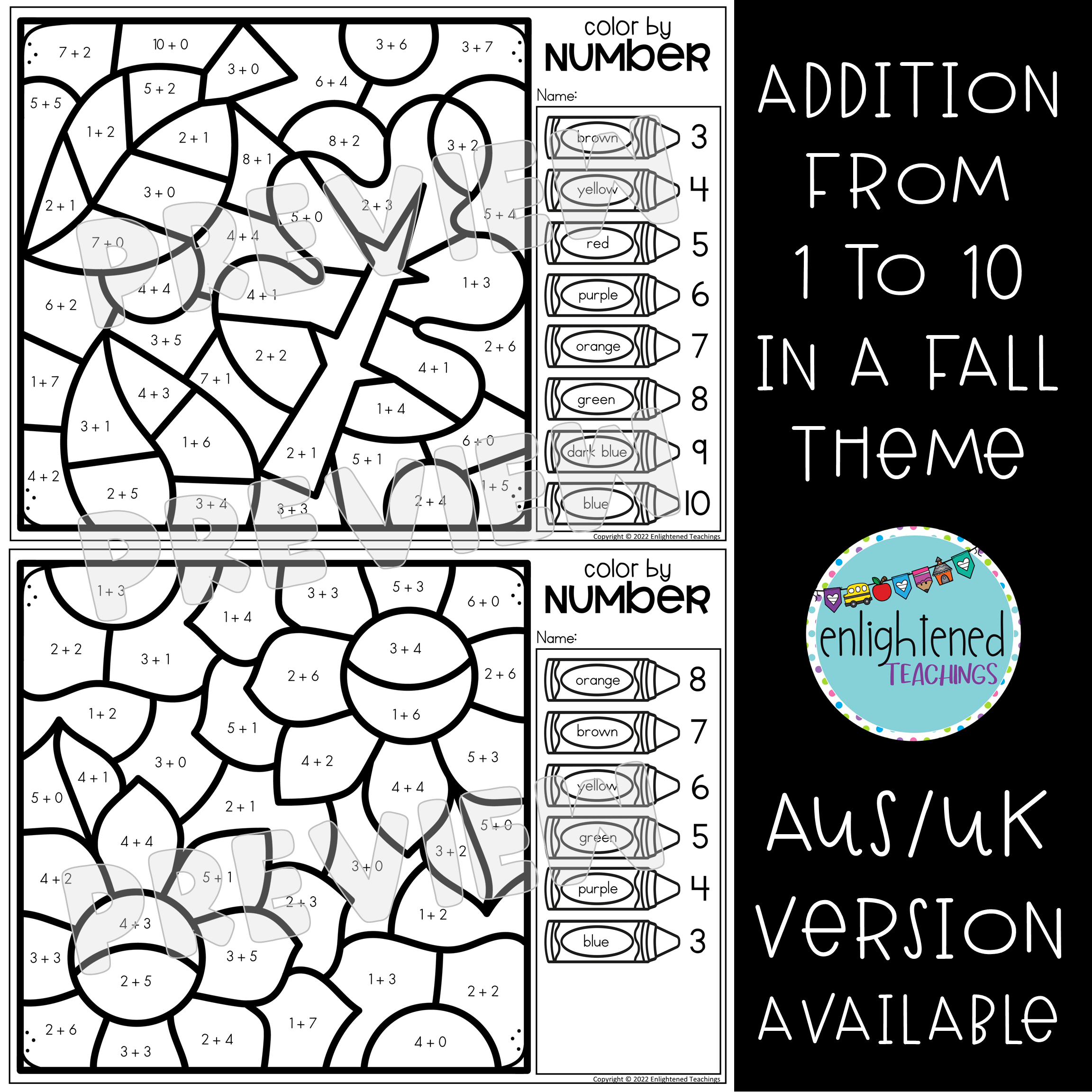 Autumn fall addition to color by code number no prep coloring worksheets made by teachers