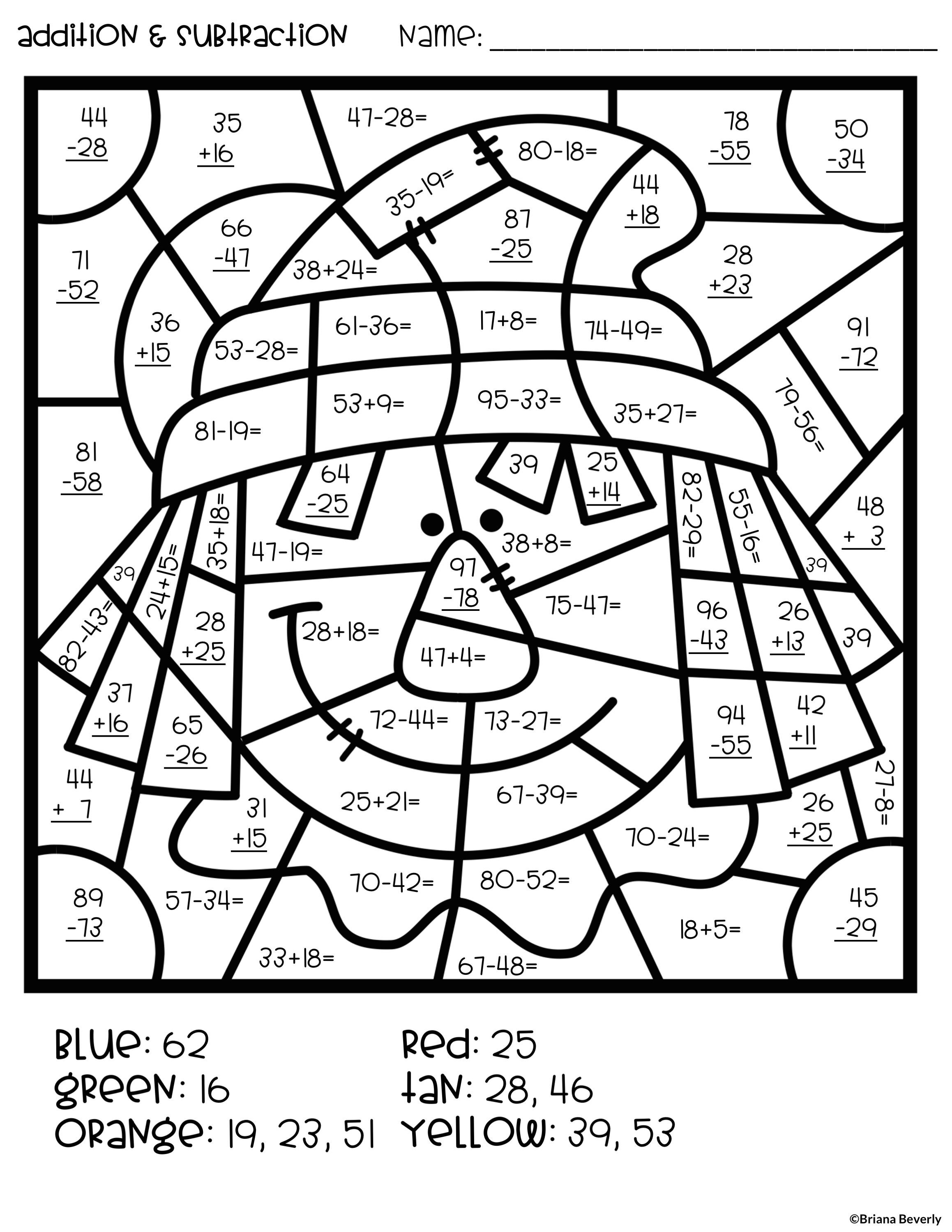 Fall color by number double digit addition subtraction â teaching with briana beverly