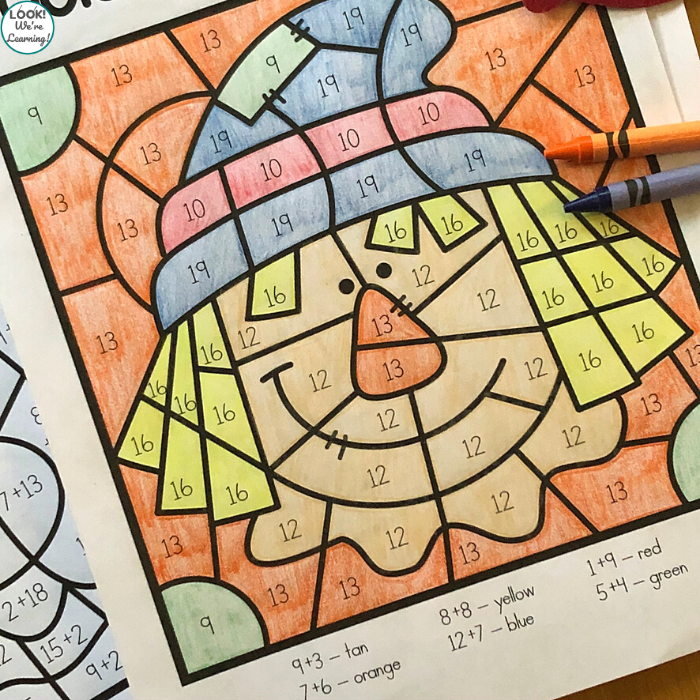 Autumn addition fall color by addition worksheets
